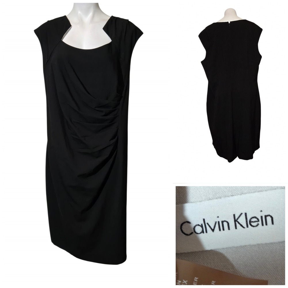 Calvin Klein Black Side Ruched Sheath Dress Sleeveless Square Neck 22w